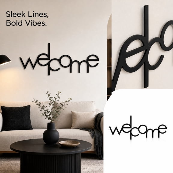 Home Sign Wall Decor, Black Metal Wall Art, Living Room Wall Decor, Wall Hanging Decor, 16 Inch Line Style Welcome Script Metal Wall Piece, Matte Black Hanging Wall Art for Indoor