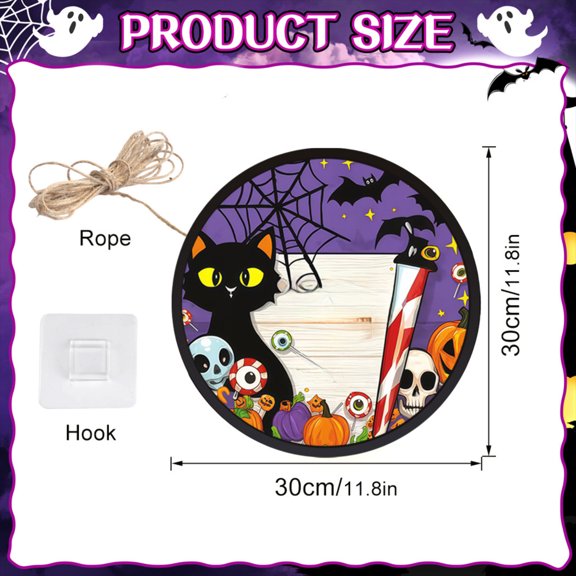 Home Sign Wall Decor, Led Bats Halloween Decor, Glowing Hanging Round Plaque, No Batteries Included, Spooky Cute Black Cat Web Pattern, Gothic Halloween Decor, Wall Hanging Decor