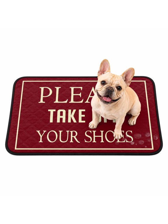 Home Sign Washable Pee Pads for Dogs PLEASR TAKE OFF YOUR SHOES Text Beige Burgundy Red Non-Slip Pet Pads Waterproof Puppy Training Mat Soft Dogs Cats Pee Mat for Bed Crate Playpen 36"x24"