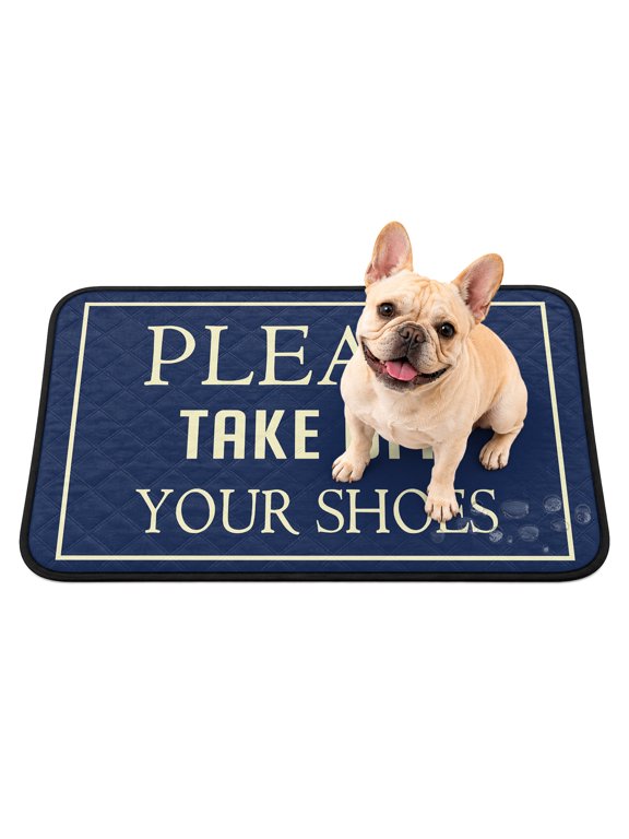 Home Sign Washable Pee Pads for Dogs PLEASR TAKE OFF YOUR SHOES Text Beige Navy Blue Background Non-Slip Pet Pads Waterproof Puppy Training Mat Soft Dogs Cats Pee Mat for Bed Crate Playpen 24"x18"