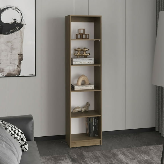 Home Slim Design Bookcase With 5-Tier Shelves, Vertical Freestanding Display Storage, Natural Oak
