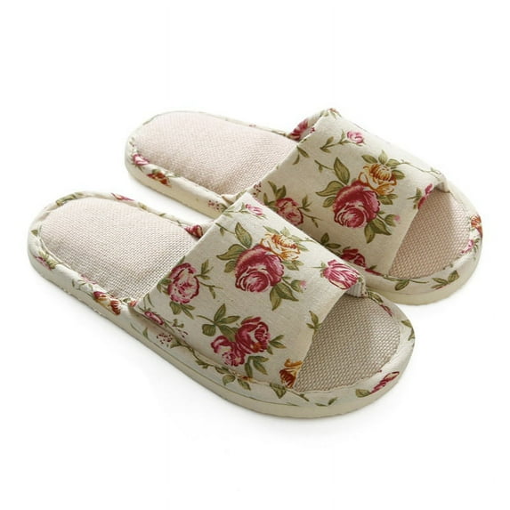 Home Slippers For Women Men Linen Indoor Unisex Soft Open Toe Print Casual Non-Slip Shoes