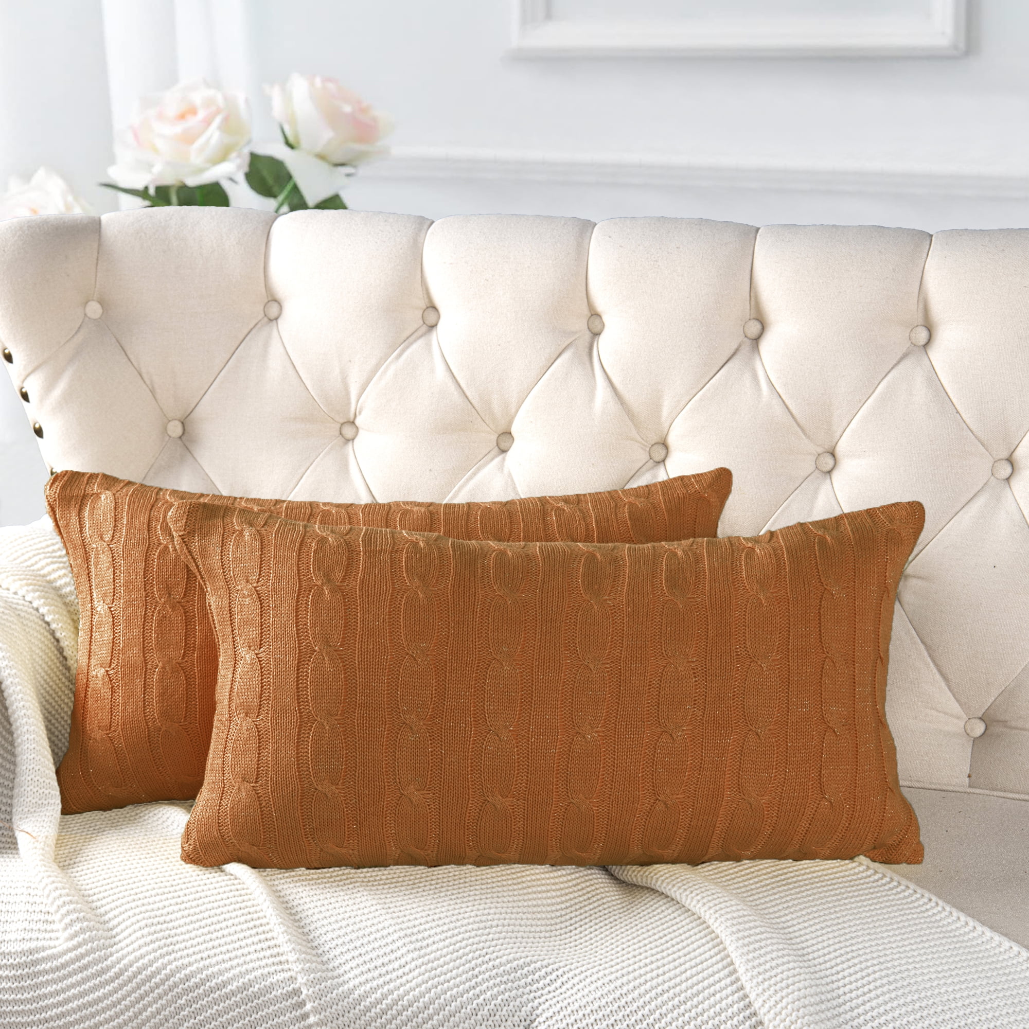 Home Soft Things 2 Piece Cable Knit Throw Pillow Cover Burnt Orange