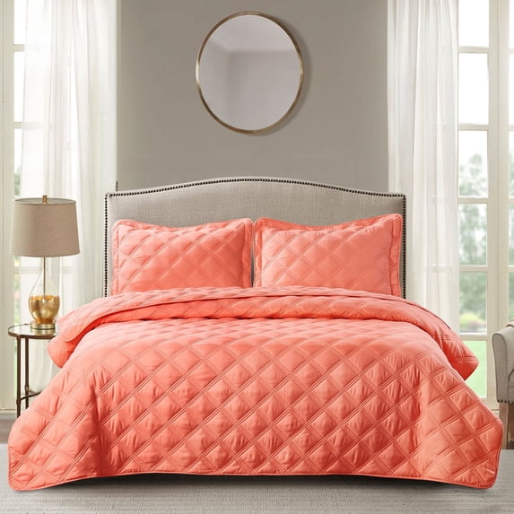 Home Soft Things 2 Piece Charleston Down Alternative Quilted Bedspread Set - Coral - Twin (80" x 106")