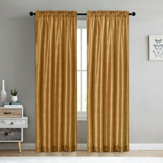 Home Soft Things 2 Piece Doris Diamond Embroidery Faux Silk Curtain set - Gold - 60" x 84"