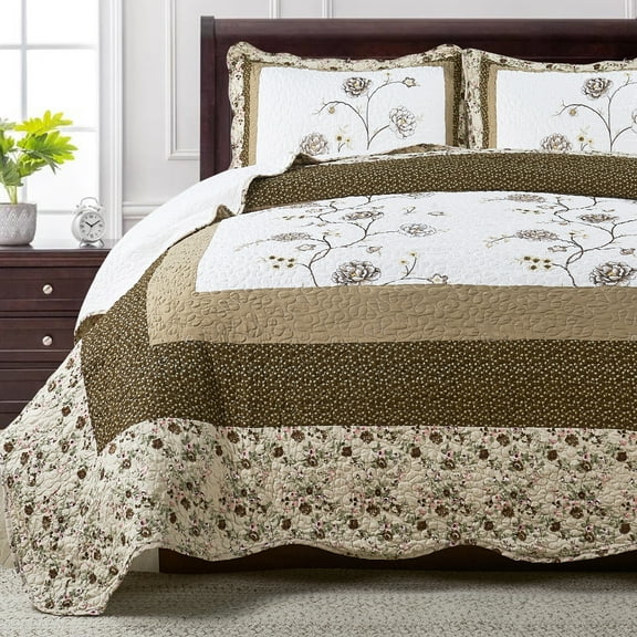 Home Soft Things 3 Piece Dorset Floral Patchwork Bedspread Set - Coffee - Queen (90" x 90")