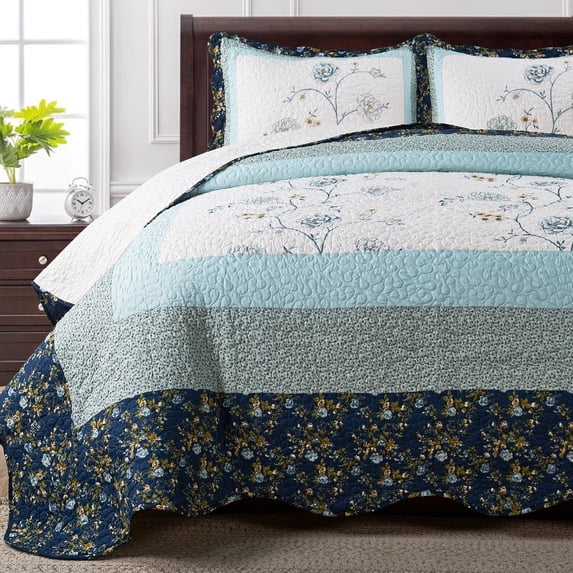 Home Soft Things 3 Piece Dorset Floral Patchwork Bedspread Set - Blue - Queen (90" x 90")