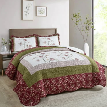 Home Soft Things 3 Piece Dorset Floral Patchwork Bedspread Set - Burgundy - Queen (90" x 90")