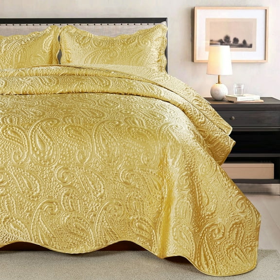 Home Soft Things 3 Piece Quilted Satin Bedspread Set - Queen 96"x96" - Gold