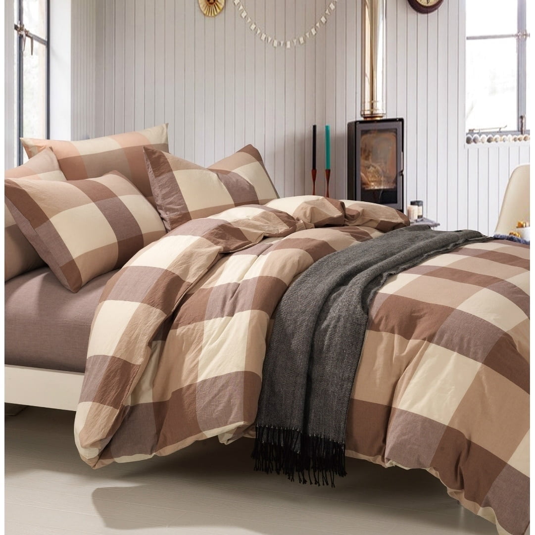 Caramel and Beige Buffalo Plaid Cotton Queen Duvet Set