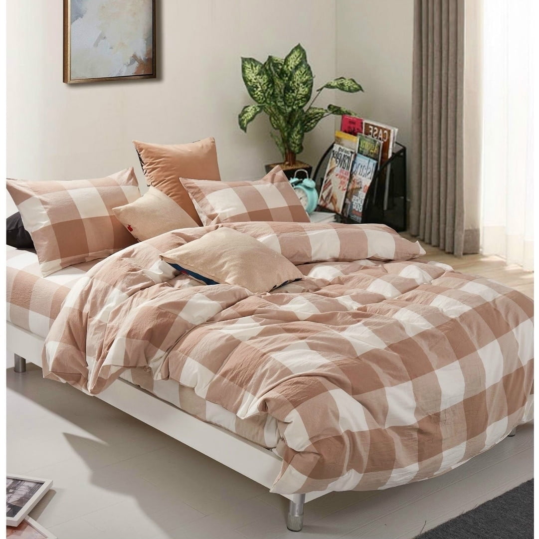 King Coffee Cotton Flannel Gingham Duvet Cover Set