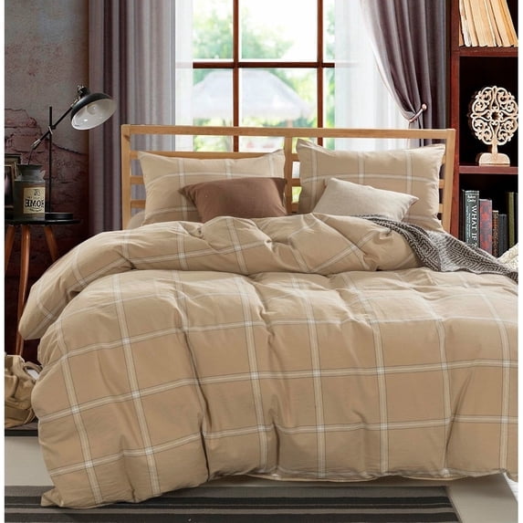 Home Soft Things 3 Piece Washed Cotton Duvet Cover Set - Windowpane - Camel - King (102" x 90")