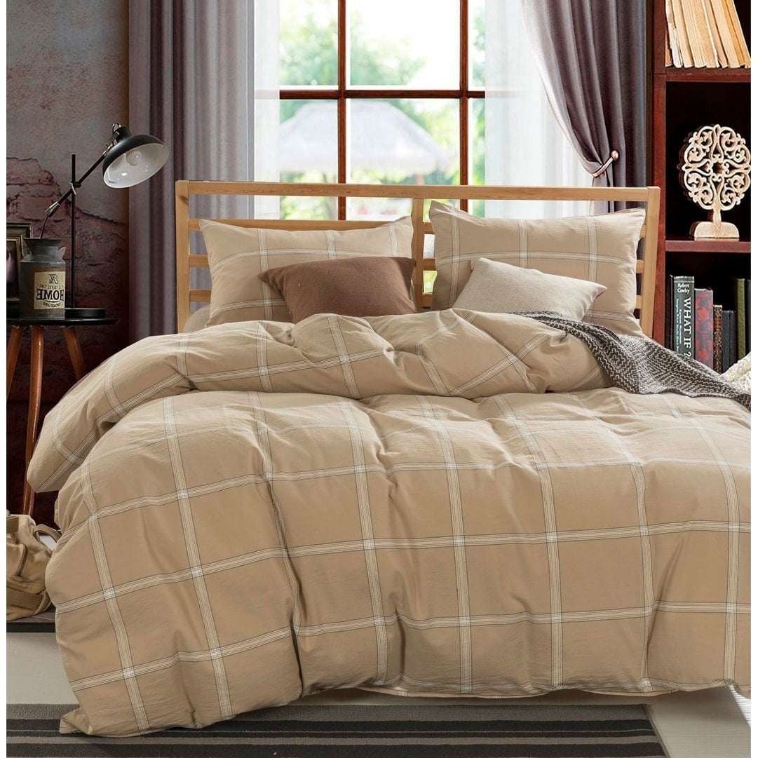 Home Soft Things 3 Piece Washed Cotton Duvet Cover Set - Windowpane - Camel - Queen (92" x 90")