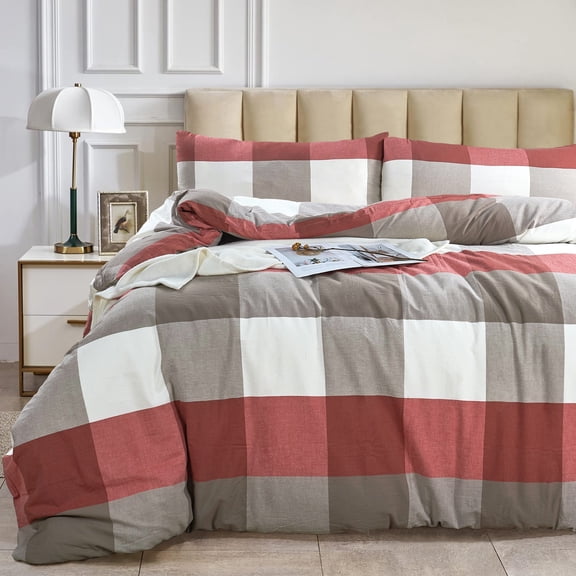 Home Soft Things 3 Piece Washed Cotton Duvet Set - Buffalo - Cherry - King (102" x 90")