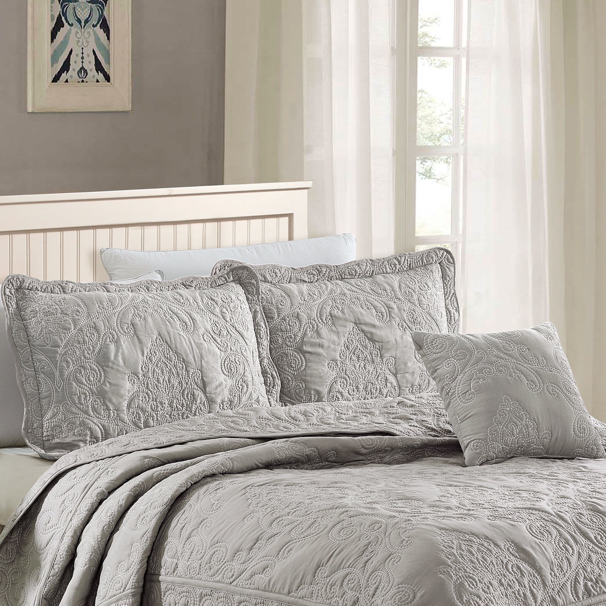 Ash Gray Oversized King Damask Embroidery Quilt Set