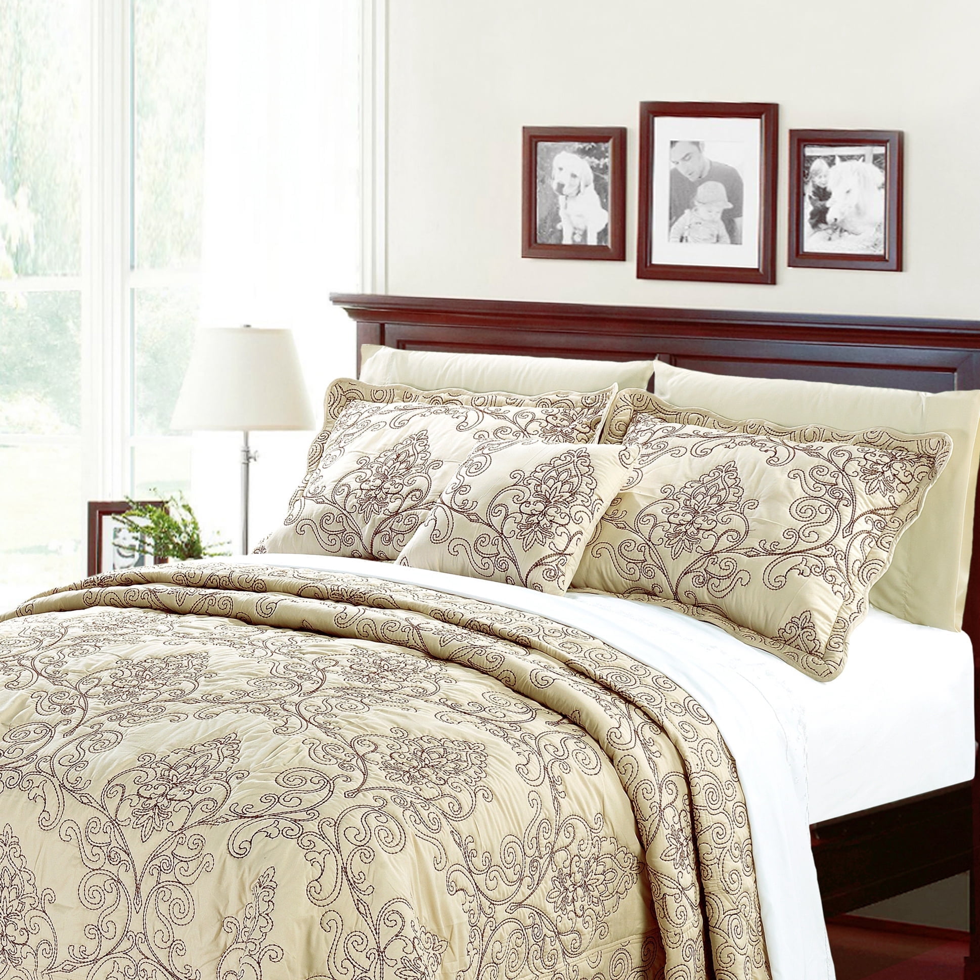 Beige Microfiber Reversible Queen Bedspread Set with Embroidery