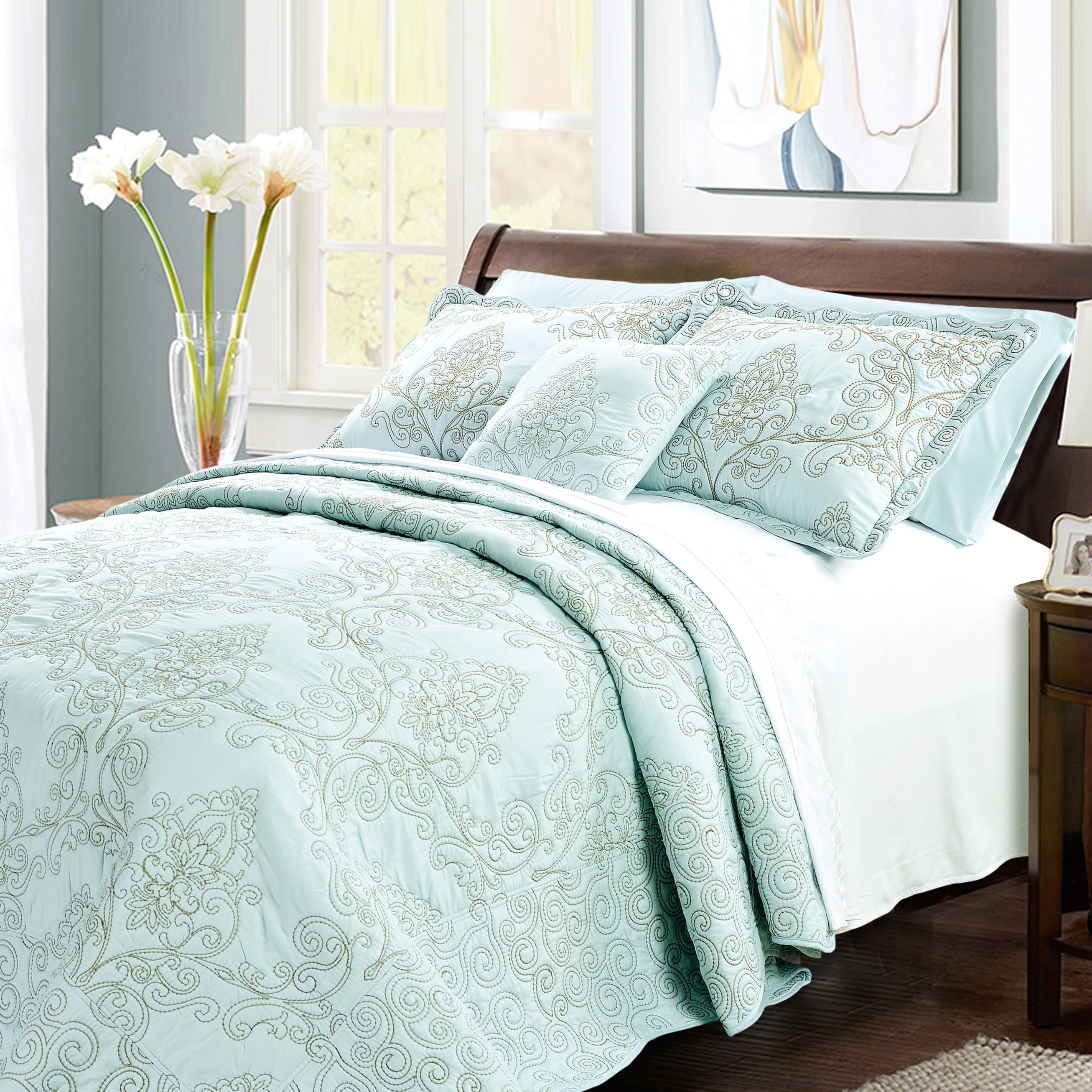 Oversized Blue and Taupe Embroidered Microfiber Bedspread Set