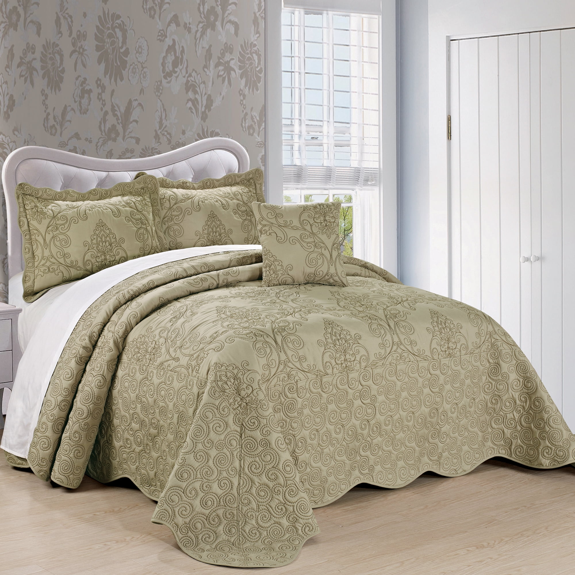 Home Soft Things 4 Piece Damask Embroidery Bedspread Set