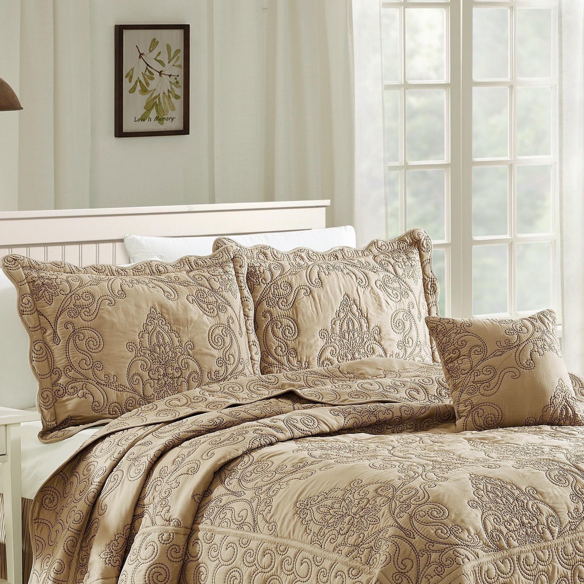 Incense Beige Microfiber Reversible Queen Bedspread Set