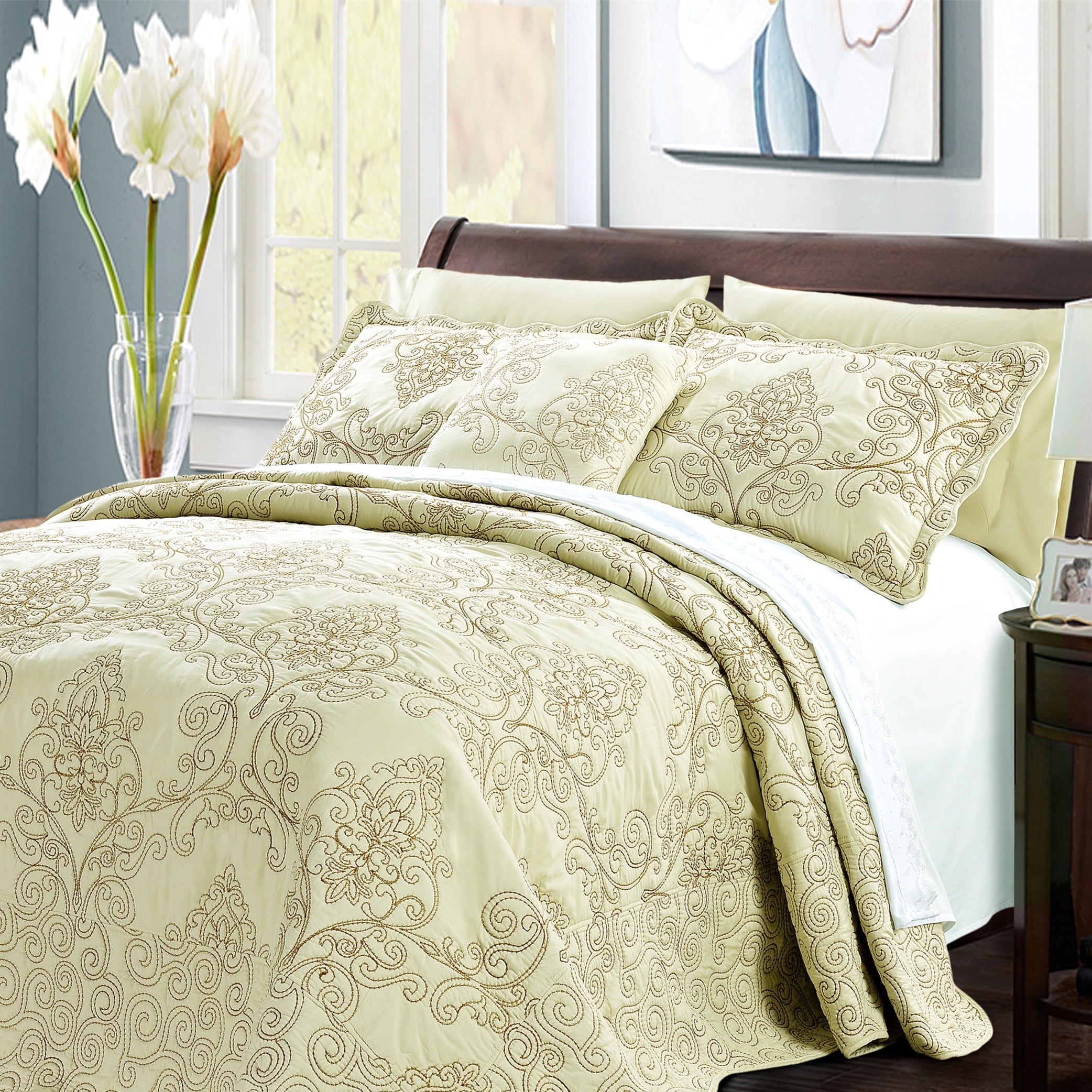 Light Green Microfiber King Reversible Embroidered Bedspread Set