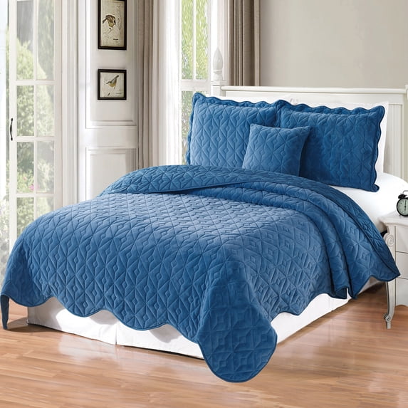 Home Soft Things 4 Piece Diamond Square Bedspread Quilts Set - Blue - Queen (90" x 90")