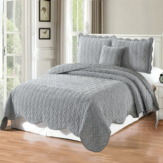 Home Soft Things 4 Piece Diamond Square Bedspread Quilts Set - Grey - Queen (90" x 90")