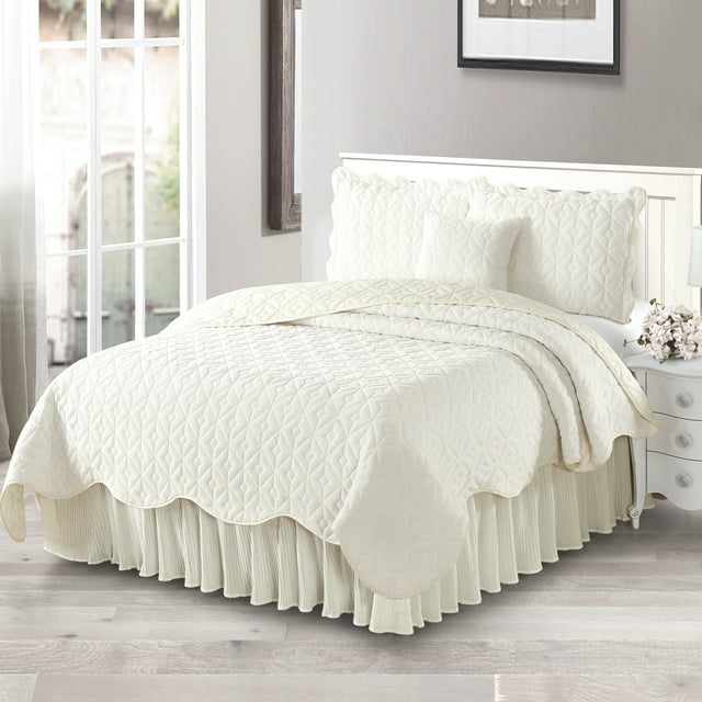 Home Soft Things 4 Piece Diamond Square Bedspread Quilts Set - Ivory - Queen (90" x 90")