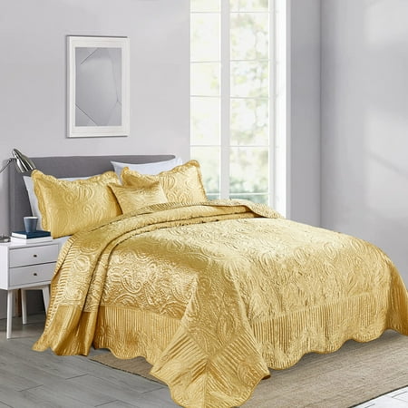 Home Soft Things 4 Piece Quilted Satin Bedspread Set - Gold - Oversize King (120" x 120")