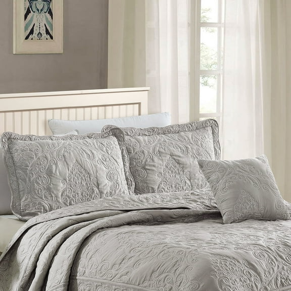 Home Soft Things 4-Piece Reversible Damask Embroidery Bedspread Set, Ash Grey, Oversized Queen 110"x120"