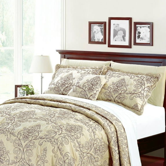 Home Soft Things 4-Piece Reversible Damask Embroidery Bedspread Set, Beige, King 102"x90"