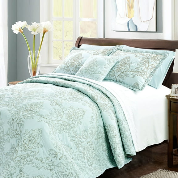 Home Soft Things 4-Piece Reversible Damask Embroidery Bedspread Set, Blue, Queen 90"x90"