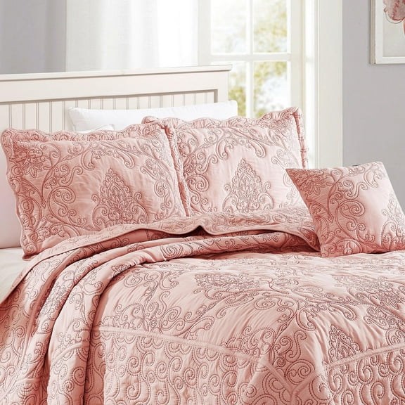 Home Soft Things 4-Piece Reversible Damask Embroidery Bedspread Set, Dusty Pink, Queen 90"x90"