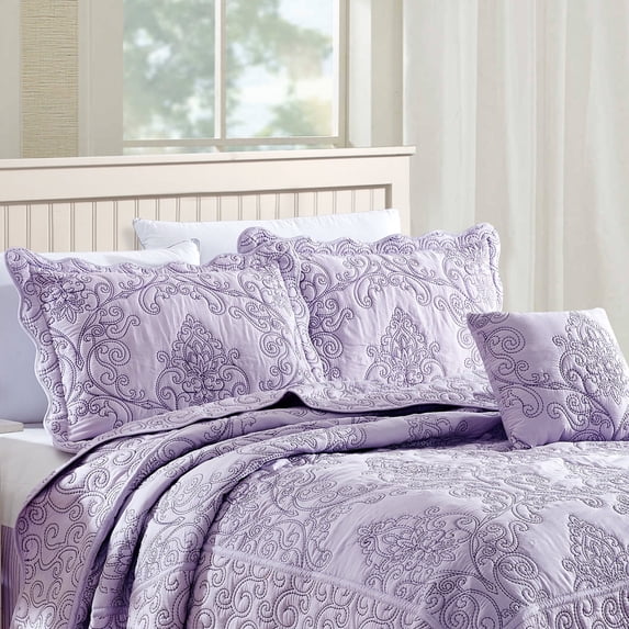 Home Soft Things 4-Piece Reversible Damask Embroidery Bedspread Set, Lavender Fog, Oversized King 120"x120"