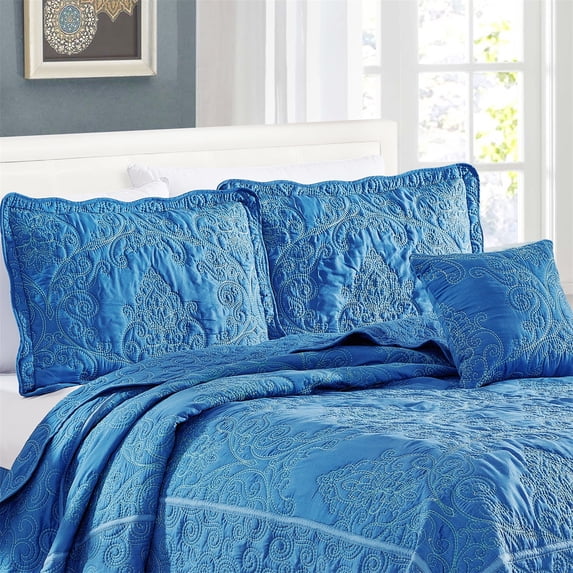 Home Soft Things 4-Piece Reversible Damask Embroidery Bedspread Set, Palace Blue, Oversized King 120"x120"