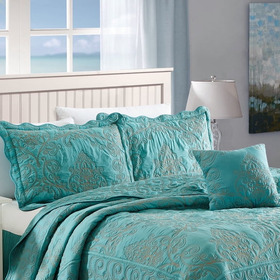 Home Soft Things 4-Piece Reversible Damask Embroidery Bedspread Set, Teal, Queen 90"x90"