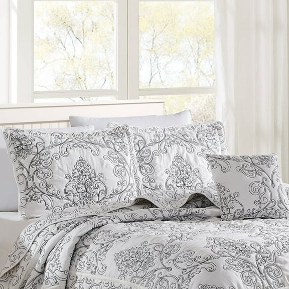 Home Soft Things 4-Piece Reversible Damask Embroidery Bedspread Set, White, Oversized Queen 110"x120"