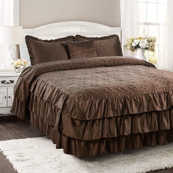 Home Soft Things 4 Piece Ruffle Matte Satin Bedspread Set - Chocolate - King (78" x 80" + 24")