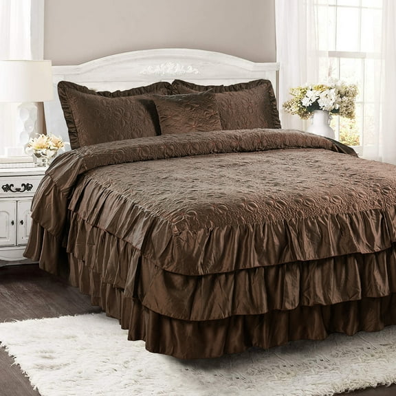 Home Soft Things 4 Piece Ruffle Matte Satin Bedspread Set - Chocolate - Queen (60" x 80" + 24")