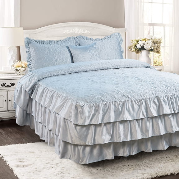 Home Soft Things 4 Piece Ruffle Matte Satin Bedspread Set - Light Blue - Queen (60" x 80" + 24")