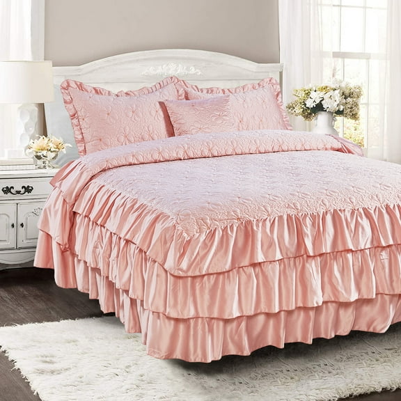 Home Soft Things 4 Piece Ruffle Matte Satin Bedspread Set - Pink - King (78" x 80" + 24")