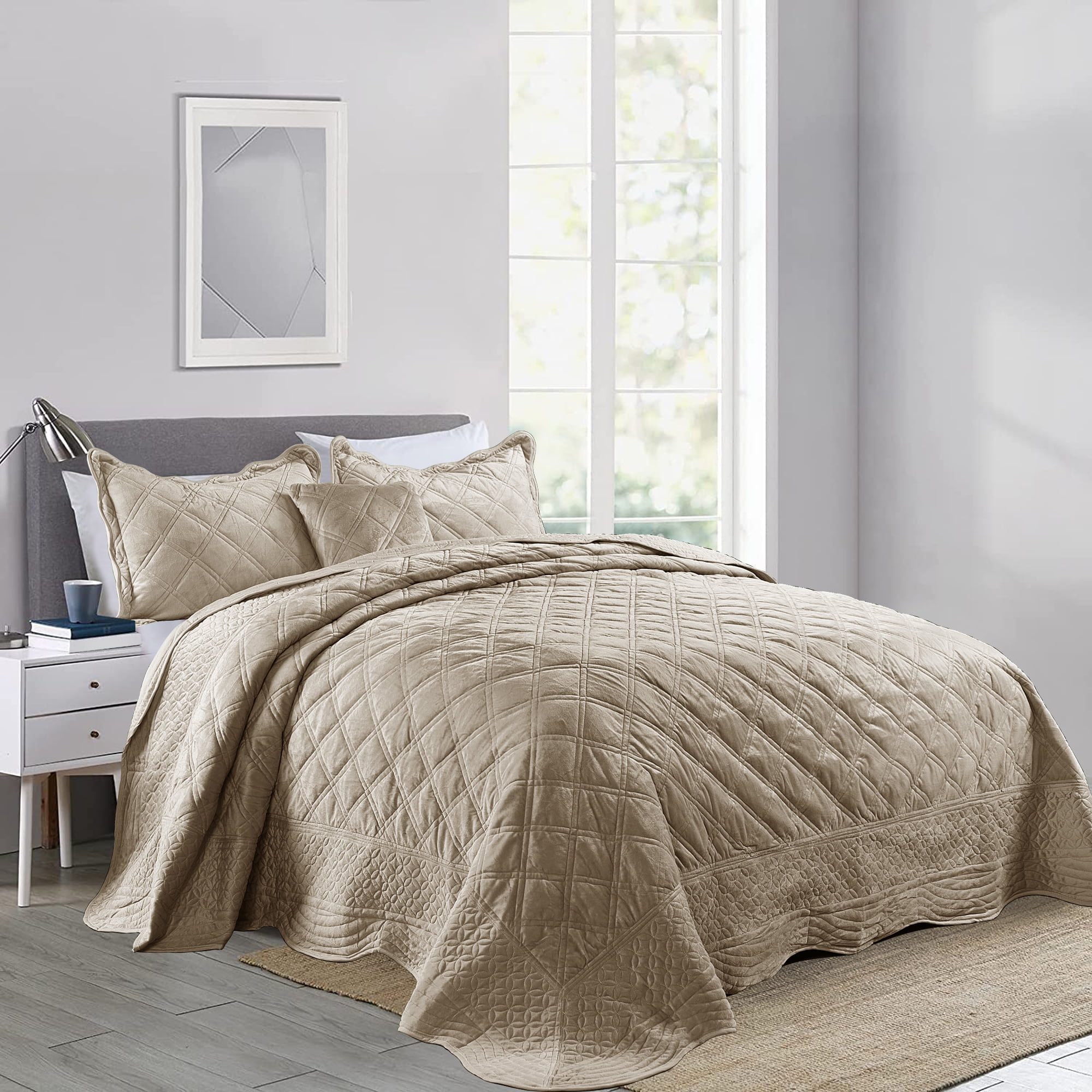 Home Soft Things 4 Piece Supersoft Microplush Bedspread Set Oatmeal