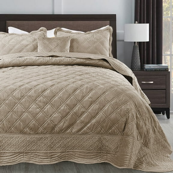 Home Soft Things 4 Piece Supersoft Microplush Bedspread Set - Oatmeal - Oversized Queen (110" x 120")