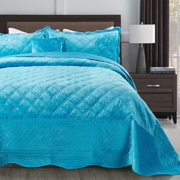 Home Soft Things 4 Piece Supersoft Microplush Bedspread Set - Scuba Blue - Oversized Queen (110" x 120")