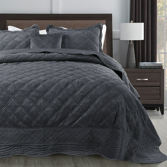 Home Soft Things 4 Piece Supersoft Microplush Bedspread Set - Steel Grey - Oversized King (120" x 120")