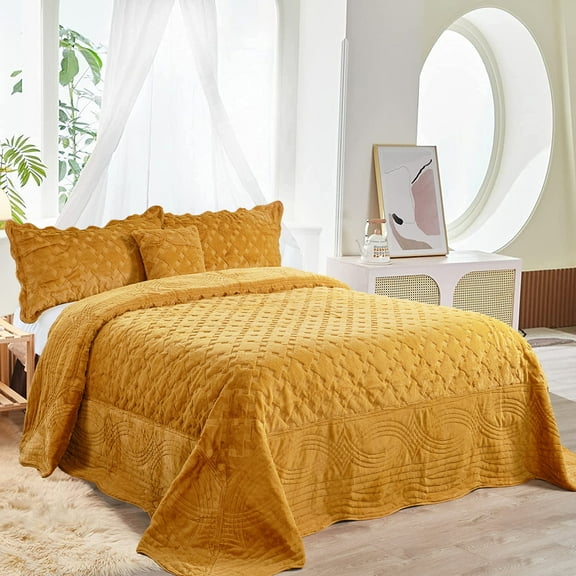 Home Soft Things 4 Piece Tatami Quilted Faux Fur Bedspread - Apricot - Oversize King (120" x 120")