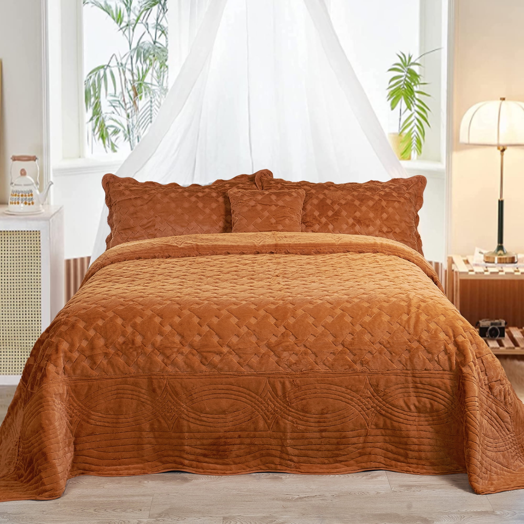 Home Soft Things 4 Piece Tatami Quilted Faux Fur Bedspread - Apricot -  Oversize Queen (110 x 120) 
