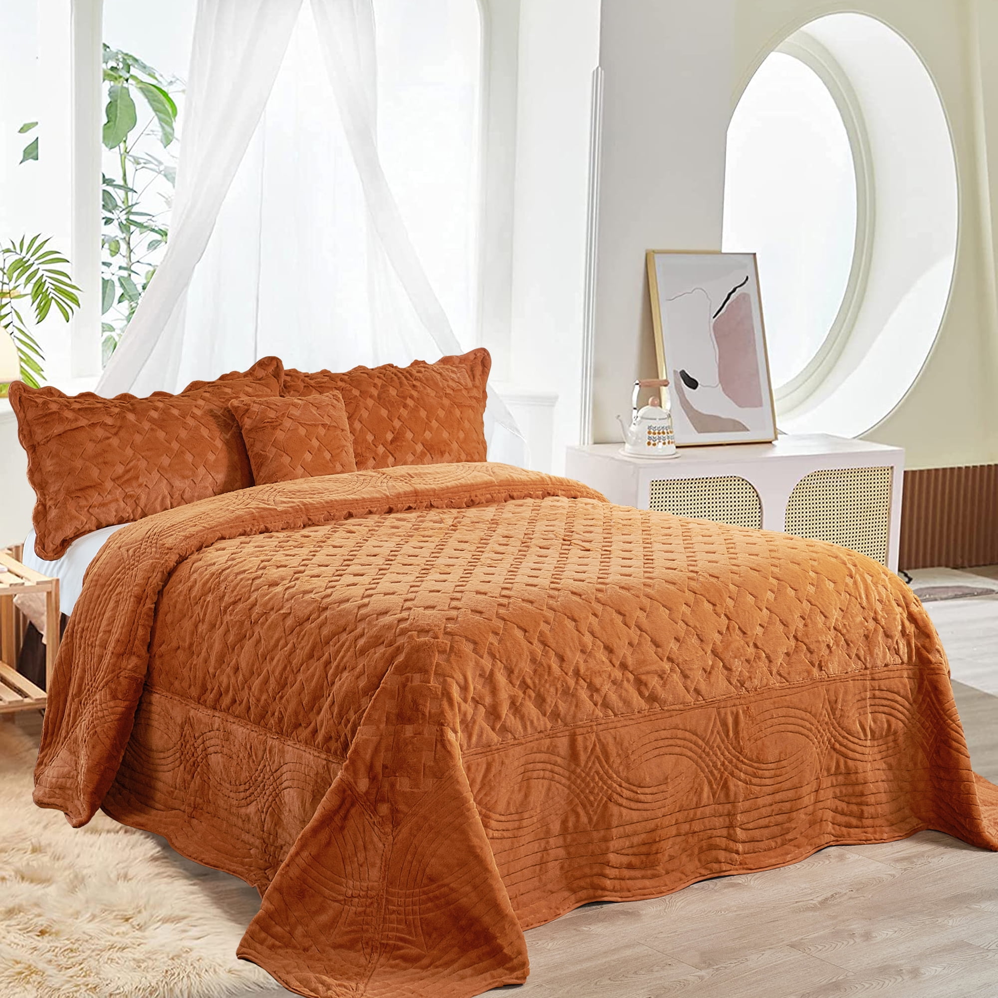 Home Soft Things 4 Piece Tatami Quilted Faux Fur Bedspread Burnt Orange Oversize King 120 x 120
