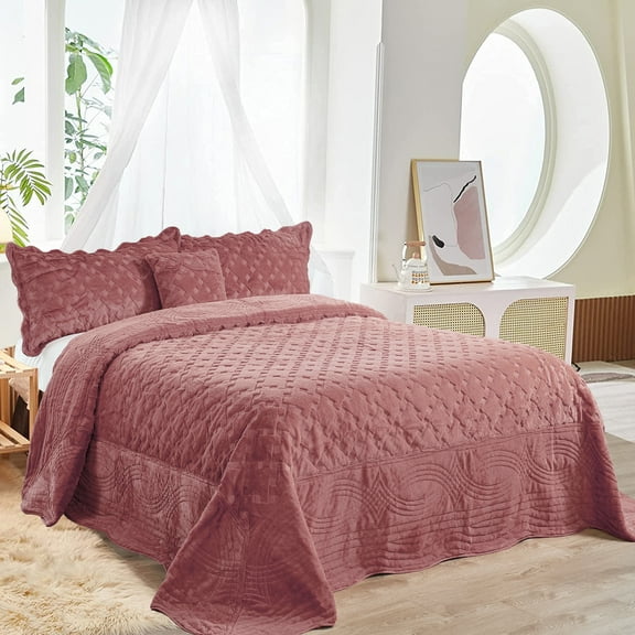 Home Soft Things 4 Piece Tatami Quilted Faux Fur Bedspread - Dusty Cedar - Oversize King (120" x 120")