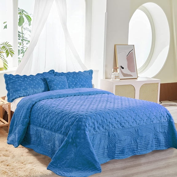 Home Soft Things 4 Piece Tatami Quilted Faux Fur Bedspread - Palace Blue - Oversize King (120" x 120")