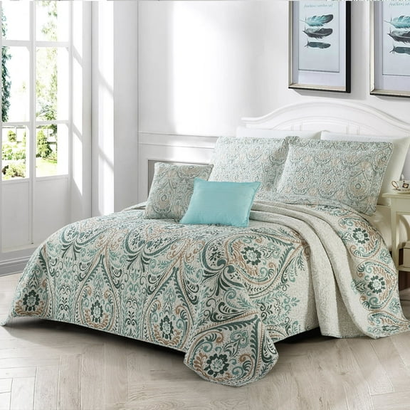 Home Soft Things 5 Piece Printed Microfiber Quilt Set - Visionary Damask Blue - 102" x 90"